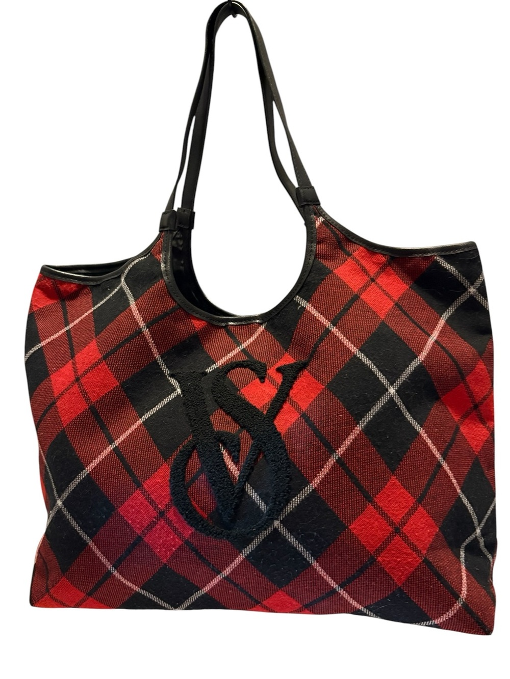 Victorias Secret Red & Black Plaid Tote Bag with Embroidered Monogram